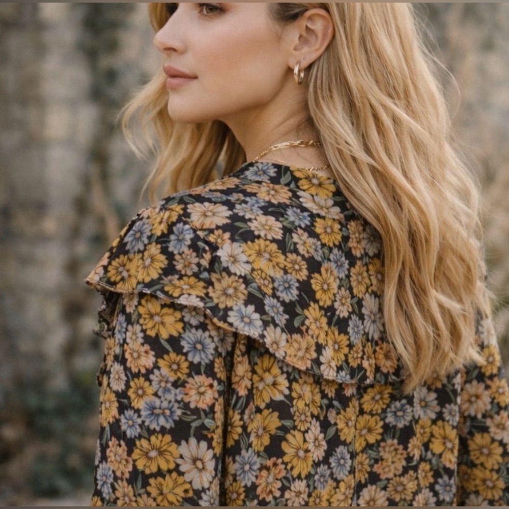 Zara Basic Sheer Floral Ruffle Blouse Size S Mustard Boho